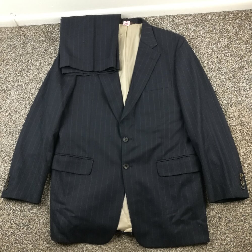 Paul Stuart Suit Flannel Wool Chalk Striped Navy Blue 44XL 38x34